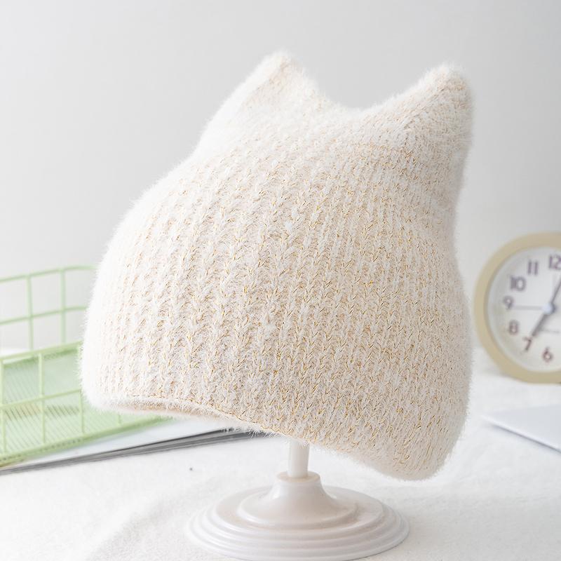 New Women Cute Cat Ear Winter Hat Double-layer Rabbit Fur Hat Stylish Soft Beanie Hat For Women Warm Grils Knitted Cap