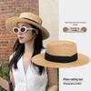 Women's French Summer Straw Hat, Large Brim, Ribbon, Flat Top, Outdoor Travel Sun Protection