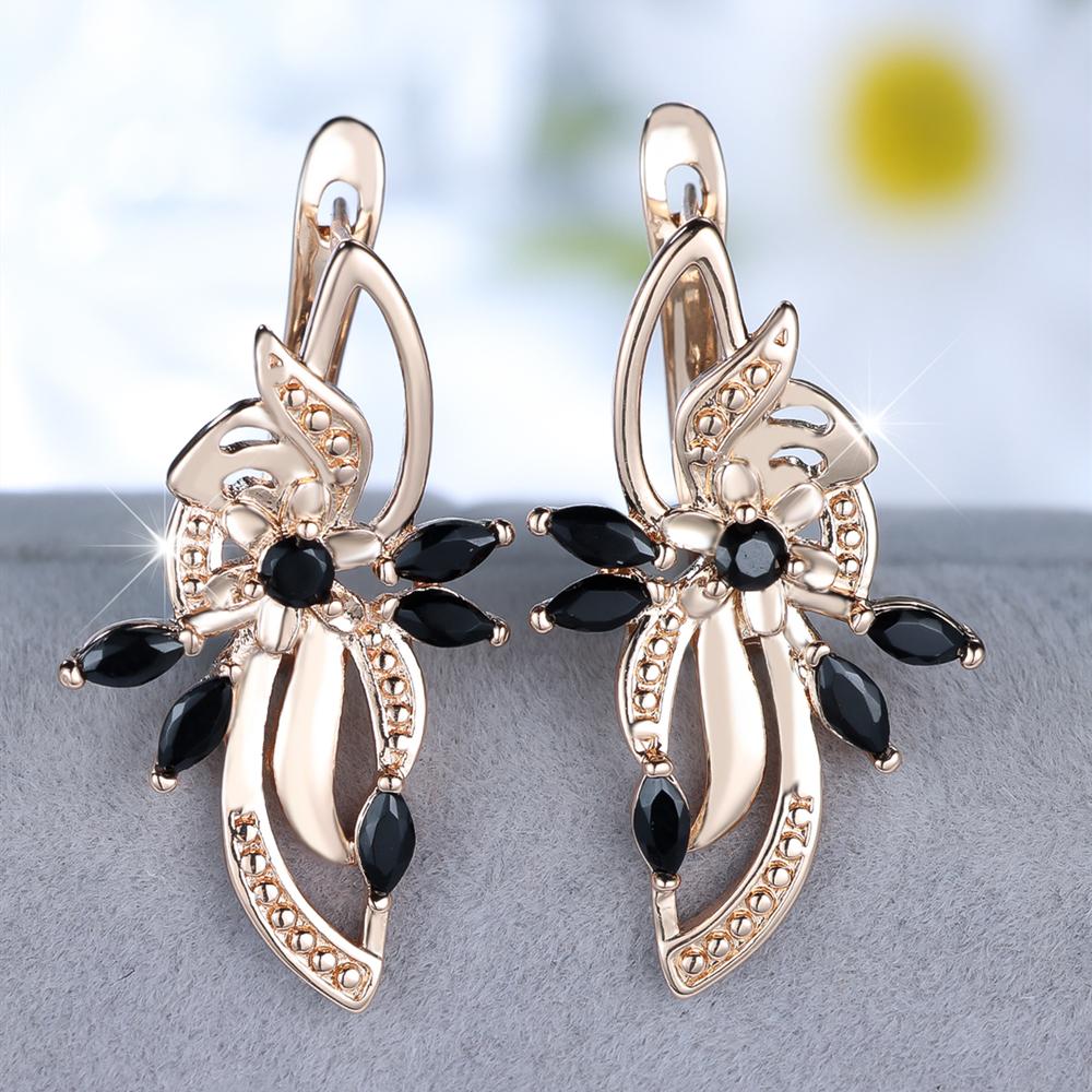 1 Pair Black Zircon Flowers Drop Earrings for Women Gold Color Wedding Ethnic Style Jewelry