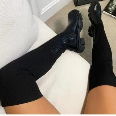 Женская обувь 2024 Бренд Ботфорты Женские вязаные современные ботинки Женские круглый носок средний каблук боковая молния обувь больших размеров женская