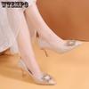 Pointed Fine Heeled Ladies High Heels Medium High Heeled 7cm Bow Rhinestone Soft Bottom Women's Shoes Shopping Dating Banquet with Shoes