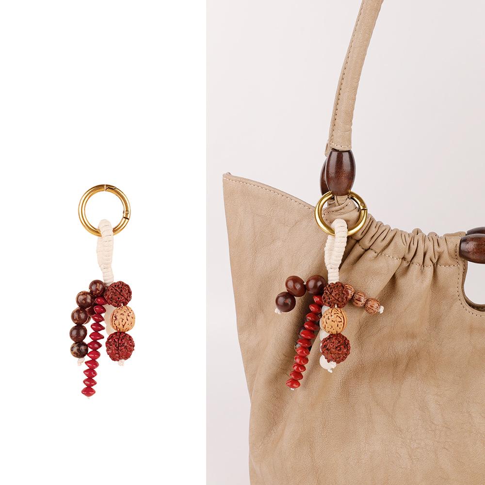 Wish-Fulfilling Bodhi Seed String Bag Charm - Hand-Woven Natural Keychain Ornament with Turquoise.