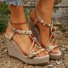 Bohemian Style Women's Wedge Sandals Beaded Decor Chunky Platform Sandals for Women Summer 2025 Printed Weaving Beach Sandalias