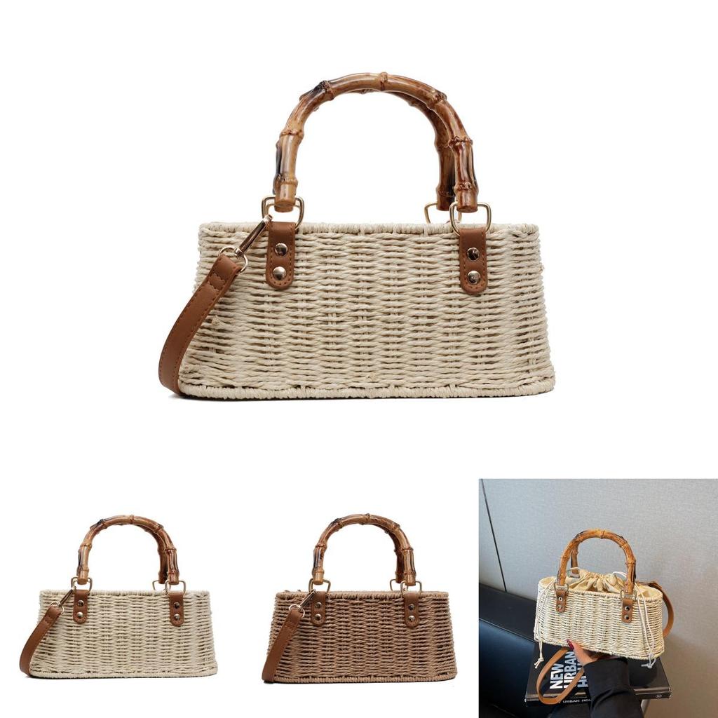 Woven Handbag For Women With Drawstring Closure For Summer Beach Vacation