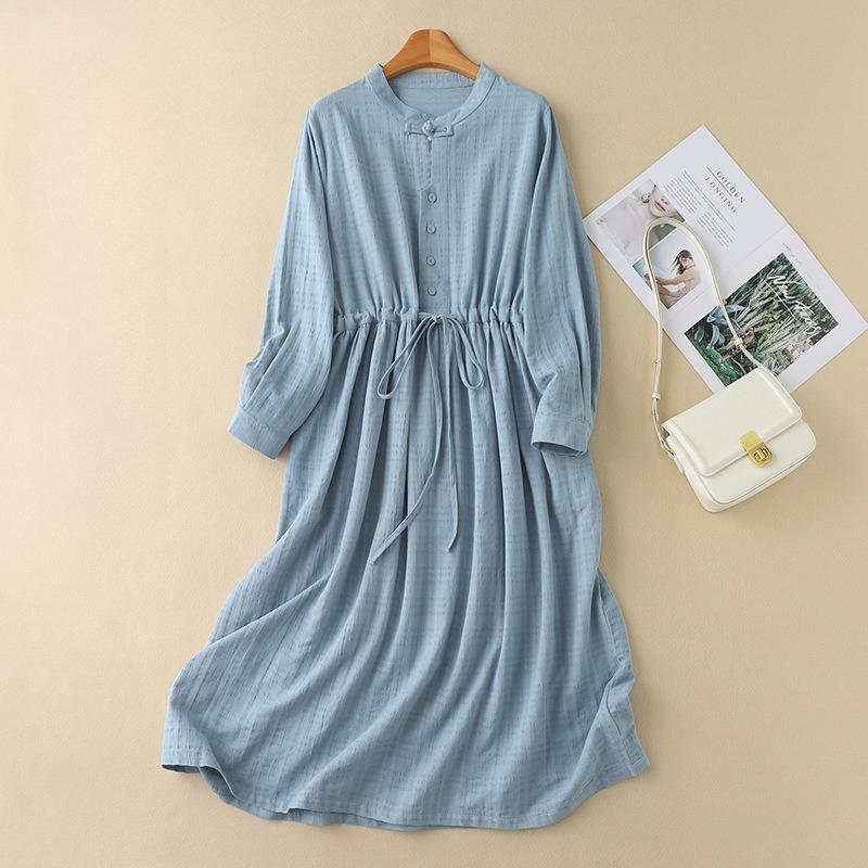 Осенняя мода Свободная женская одежда Высококачественное платье с текстурой хлопка и льна