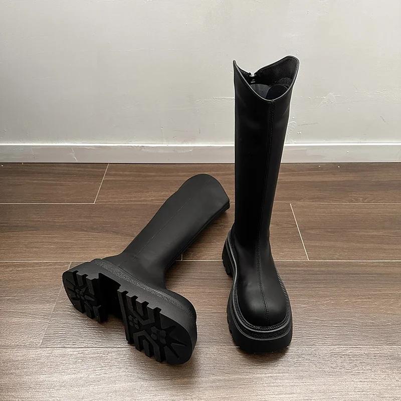 Модные массивные женские ботфорты до колена, модные ботильоны на молнии сзади, рыцарские длинные ботинки на квадратном высоком каблуке, осенне-зимняя обувь