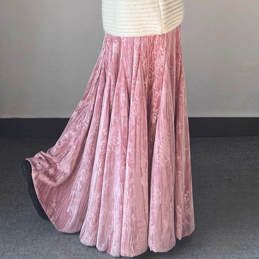 Ретро женская бархатная длинная юбка с принтом, осенне-зимняя теплая расклешенная А-силуэта