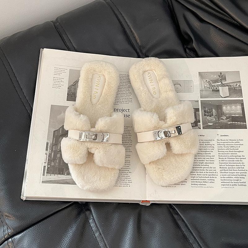 Мода осень-зима 2025, простые шлепанцы с пряжкой, пушистые тапочки интернет-знаменитости, женская повседневная обувь на толстой подошве, хлопковые туфли на перемычке