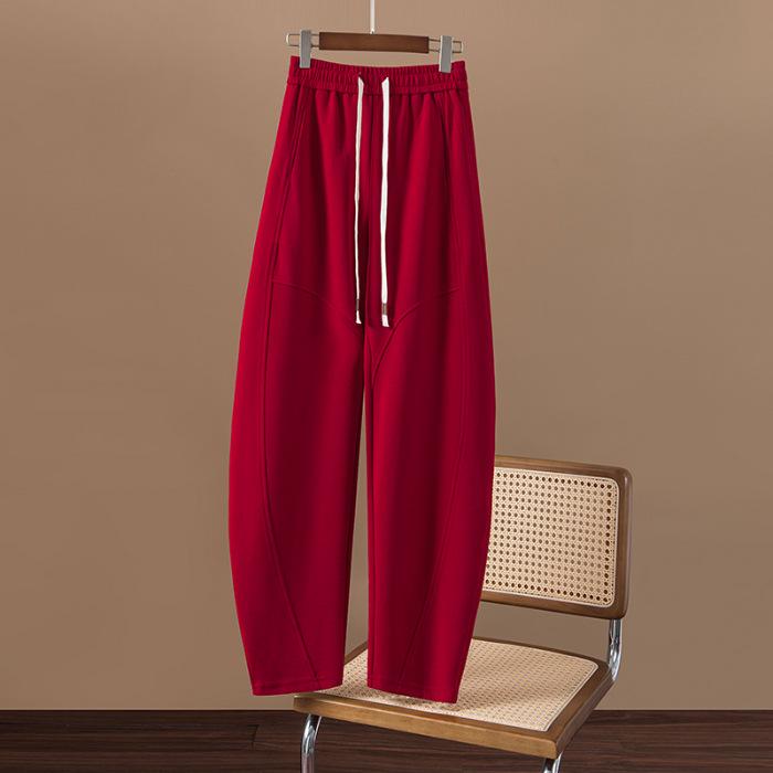 Женские широкие брюки из бархата с высокой талией в корейском стиле 2024 года — коллекция осень/зима с завязками на шнурке и свободным кроем.