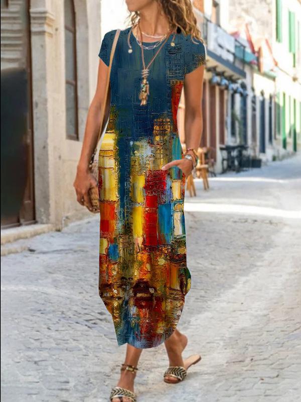 Женское летнее длинное платье с круглым вырезом и коротким рукавом с карманом реглан и цветочным принтом