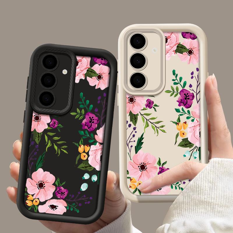 Floral Print TPU Shockproof Phone Case For Samsung S25 Ultra S24 FE S23 Plus A56 A36 A16 A15 A55 A06 Soft Silicone Lens Protection Matte Bumper Cover
