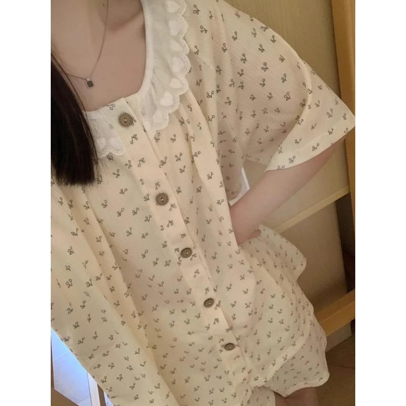 Пижама с цветочным принтом, женский пижамный комплект, корейская летняя пижама из 2 предметов, милая домашняя одежда для студентов