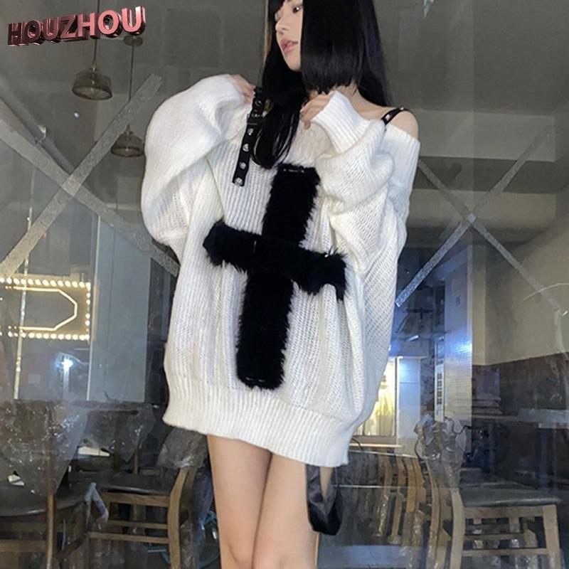 Harajuku Knitting Oversize Sweater Women White Printed Hiphop Streetwear Punk Loose Pullover Casual Women Y2k Tops Club Style