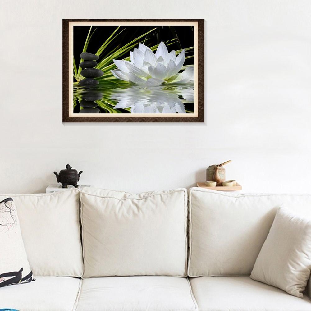 Белый лотос 5D DIY Алмазная мозаика Частичная выкладка круглыми стразами Картины Кристалл Креативное ручное настенное украшение