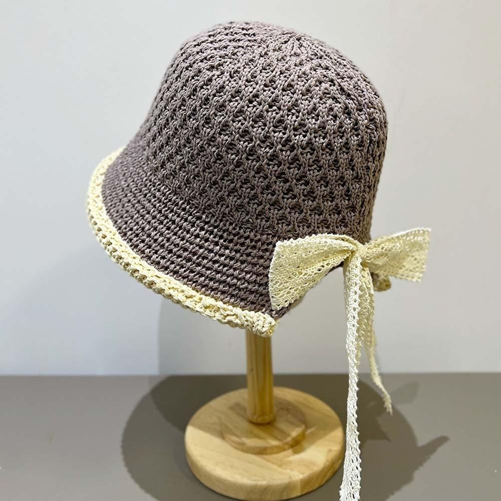 Temperament Knitted Bucket Hat Hollow Out French Style Bow Fisherman Hat Breathable Solid Color Sun Protection Cap Outdoor