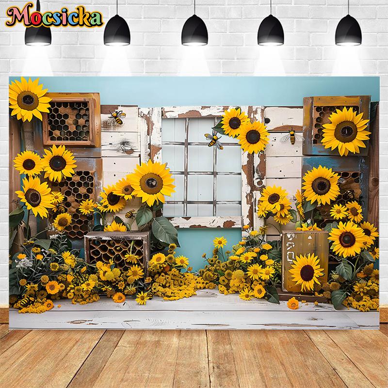 Mocsicka Photography Background Spring Sunflower Bee Kids Birthday Party Cake Smash Baby Shower Decoration Backdrop Photo Studio