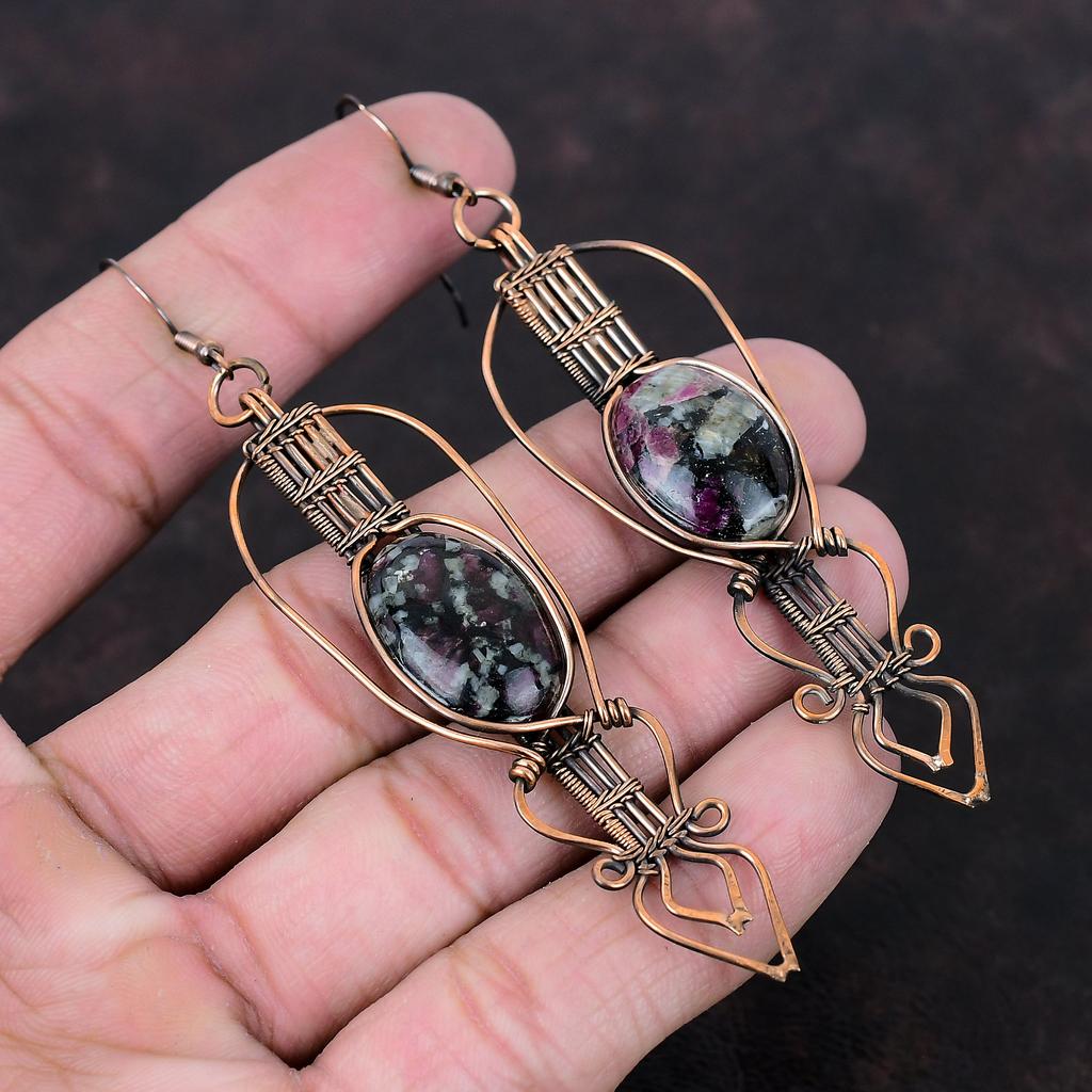 Серьги из эвдиалита, медная проволока, серьги ручной работы, ювелирные изделия из эвдиалита, драгоценные камни, серьги, очень красивые медные украшения, свадебные подарки