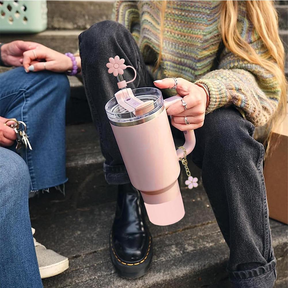 9pcs Accessories Set 3 Spill Proof Stopper Flowers Straw Cover Boot 2 Straw and Brush and 1 Flower Charm Chain for Cup
