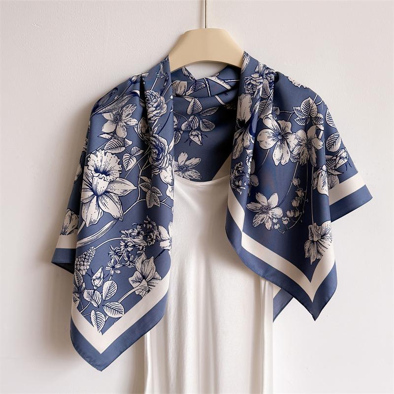 90Cm Floral Print Twill Silk Scarf Fashion Shawl Luxury Brand Square Scarf Women Hijab Bandana Foulard Neckerchief Head Scarves