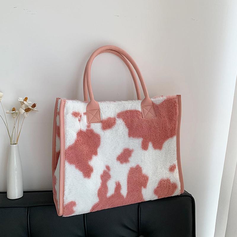 Женская зимняя теплая мягкая плюшевая сумка на плечо, модная сумка-тоут с леопардовым принтом коровы из искусственного меха, большая вместительная сумка
