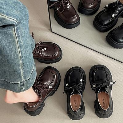 Модные ретро туфли на толстом каблуке с сумкой на носке, одинарные туфли в британском стиле на шнуровке, маленькие кожаные туфли, женские осенние, японские лоферы на платформе с круглым носком
