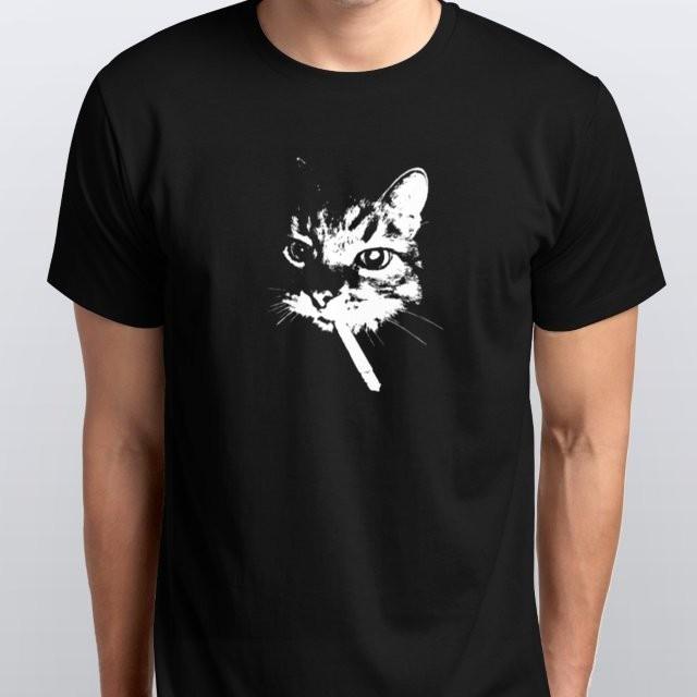 American Street Smoking Cat Retro Trendy T-SHIRT Black
