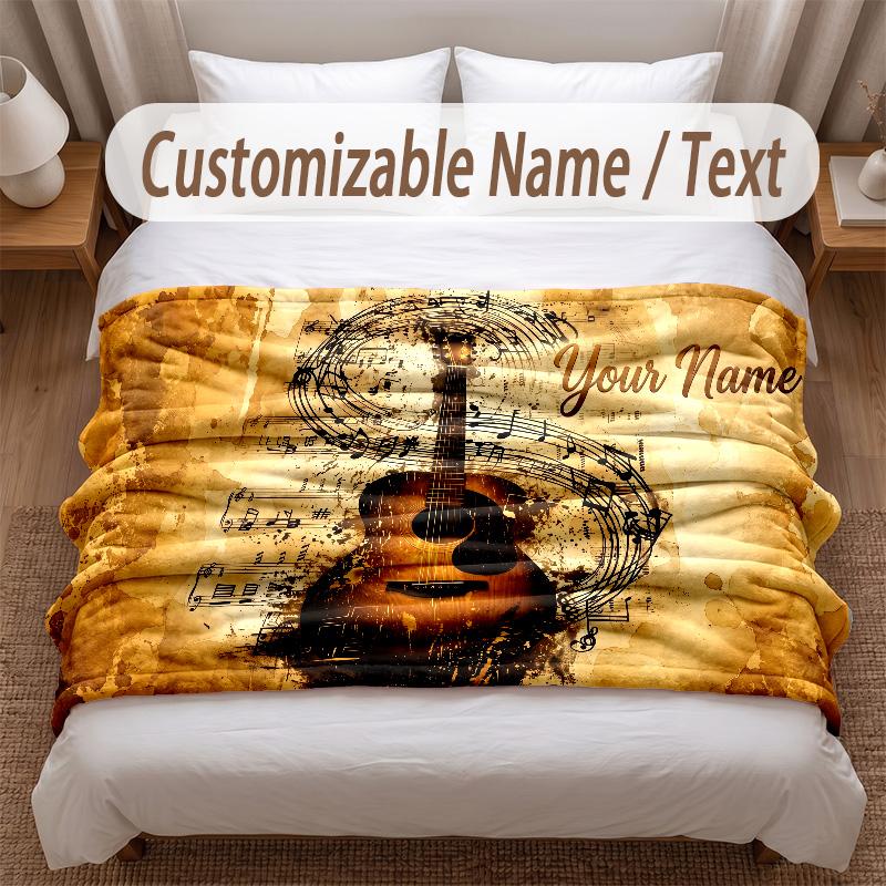 Music Guitar Theme Soft Blanket Personalized Custom Name Text Print Warm Blanket Home Sofa Bedroom Decor