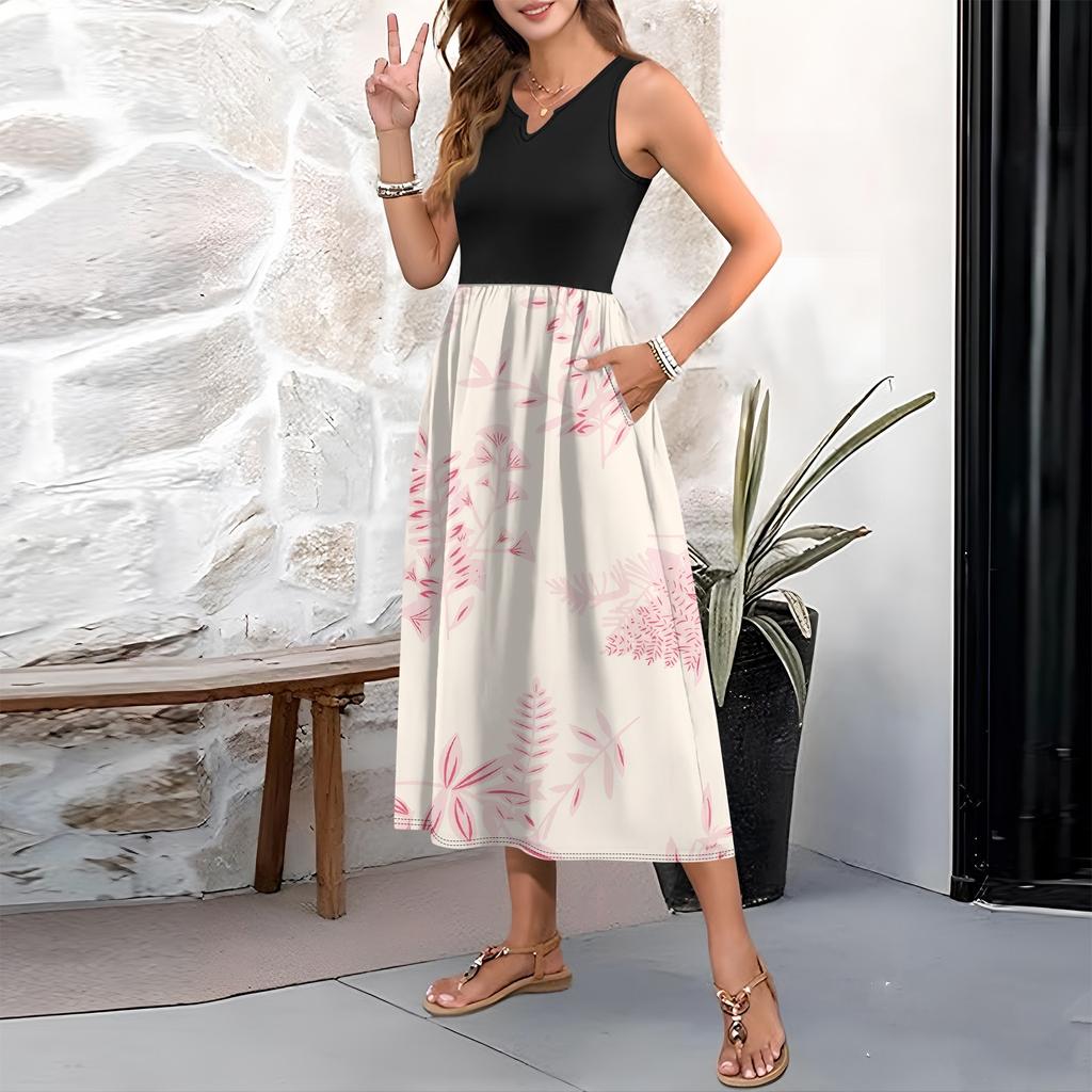 Женское платье без рукавов с цветочным принтом и высокой талией, модное и элегантное