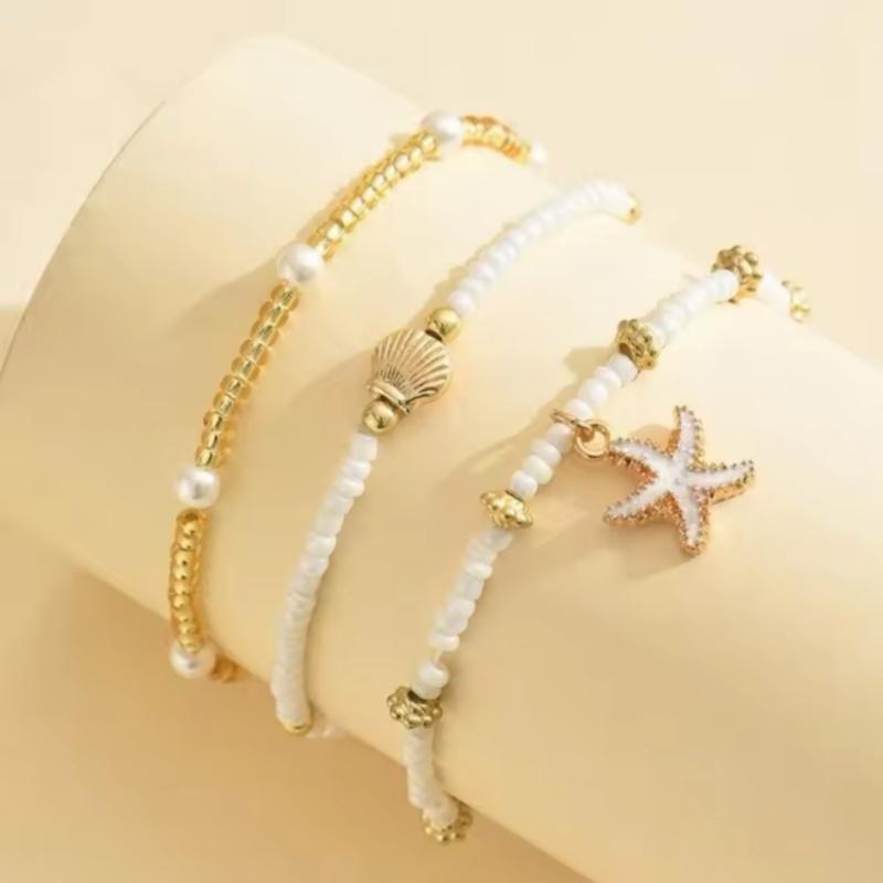 Богемный стиль Морская звезда Ракушка Миллебисер Цепочка на щиколотку Трехслойный набор Пляжный Элегантный Аксессуар для украшения ног