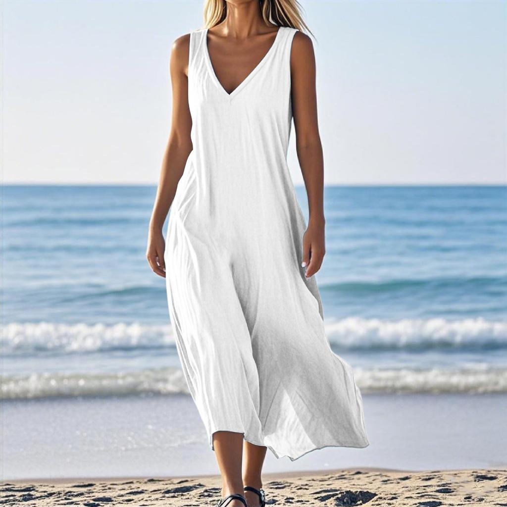 Women Casual Summer Solid Color Tank Sleeveless Dress Hollow Out Loose Beach Dress