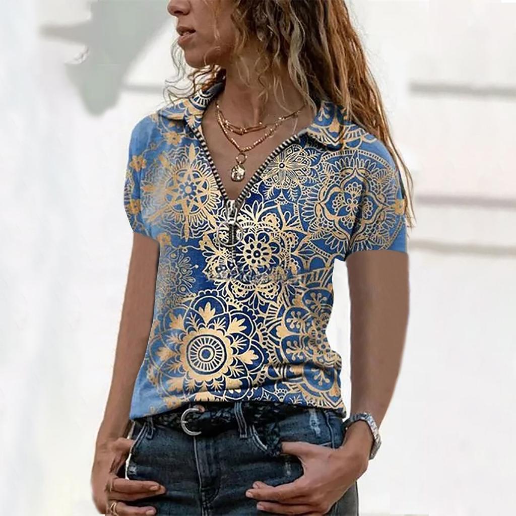 Summer Women's Loose V-neck T-shirt Printed Zipper Short-Sleeved