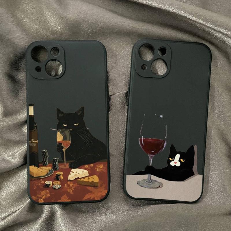 INS Мультяшный Чехол для Телефона Красное Вино Черный Кот Для iPhone 14 15 13 16 Pro Max 12 11 XS XR 7 8Plus Животное Ударопрочный Прозрачный Жесткий Чехол
