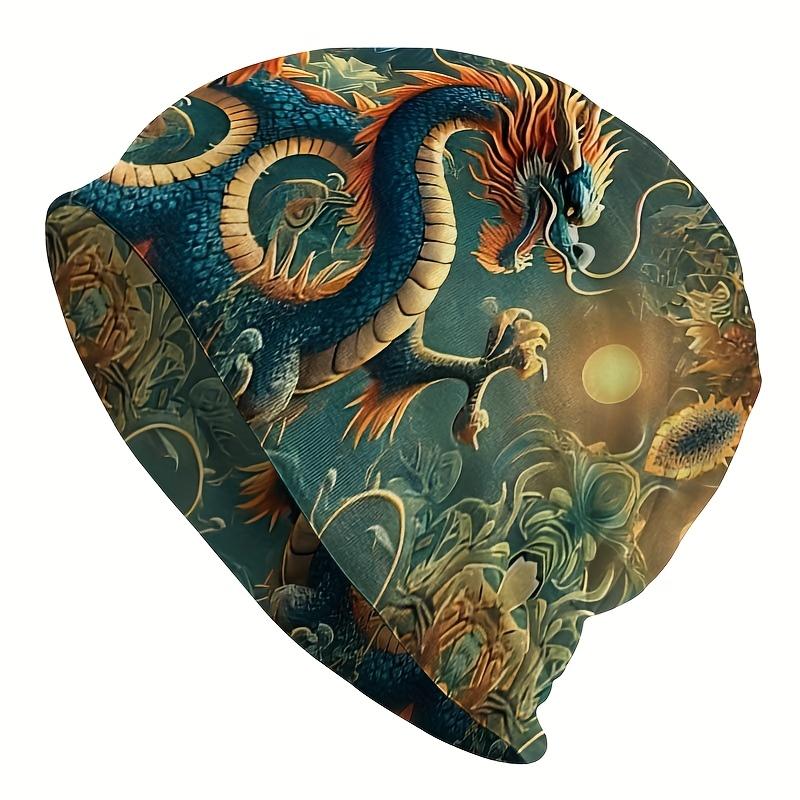 A Men'S Street Style Dragon Pattern Knit Cap - Featuring an Exquisite Blue And Orange Dragon Design, Made from Durable Knit Fabric, Comfortable And St