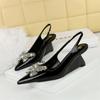 Fashion New Wedges Patent Leather Shallow Pointed Toe High Heels Sandals Hollow Back Straps Metal Crystal Bow Ladies Single Shoes