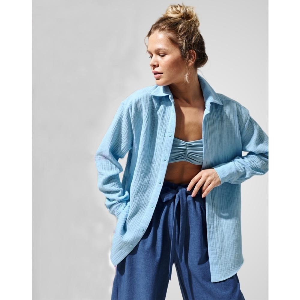 Женские Весенние Летние Рубашки 100% Хлопок Офисная Леди Модные Однотонные Женские Топы с Длинным Рукавом Свободного Кроя Креповые Рубашки