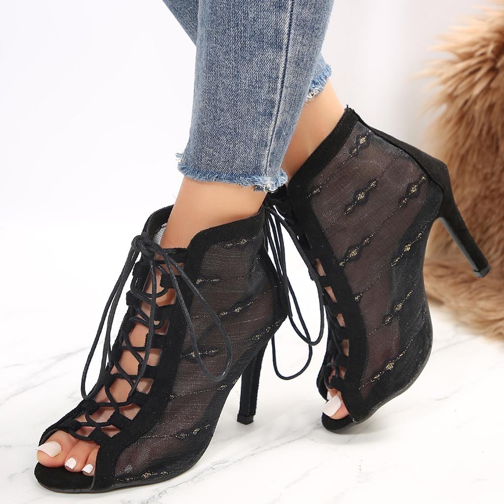 Европейские и американские летние сетчатые кружевные вышитые модные высокие каблуки крутые сапоги с перекрещивающимися ремешками римские сандалии импортные крутые сапоги
