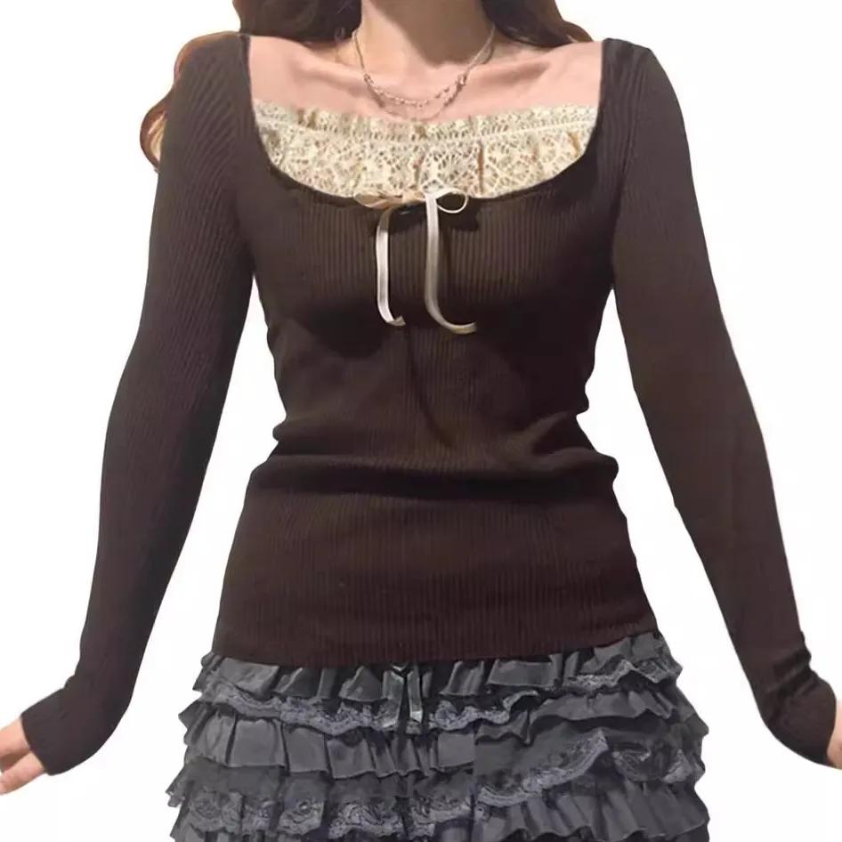 Y2k Women's Long Sleeve Knitted Tops Lace Stitching Neckline Knitwear Bowknot Decoration Slim-Fit Tshirt Pullovers Clubwear