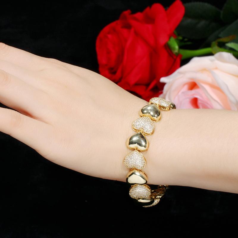 WWJ Роскошные 585 желтого золотого цвета в форме сердца с цирконием, регулируемые браслеты-цепочки