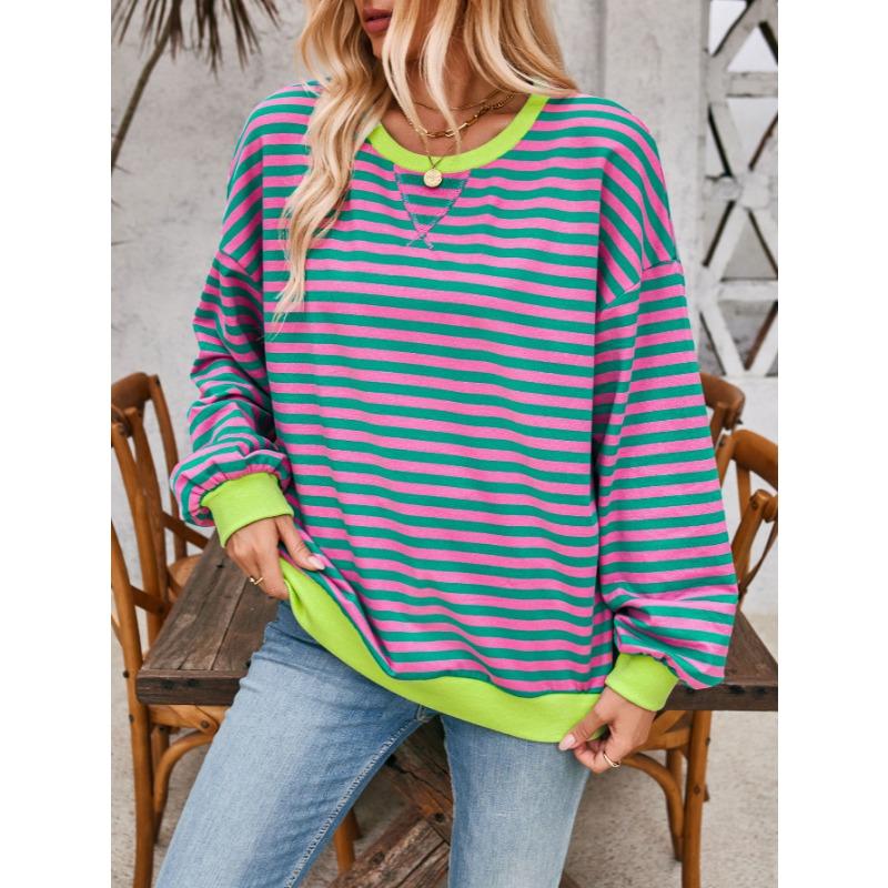 Simple Home Leisure New, Striped Pattern Round Neck Trend Long Sleeve, Pullover Color T-shirt
