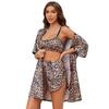 Women’s Leopard Sleeping Suits Satin Imitation Silk Printed Pajamas Bathrobe Bralette Short Pants 3-piece Set Casual Home Wear