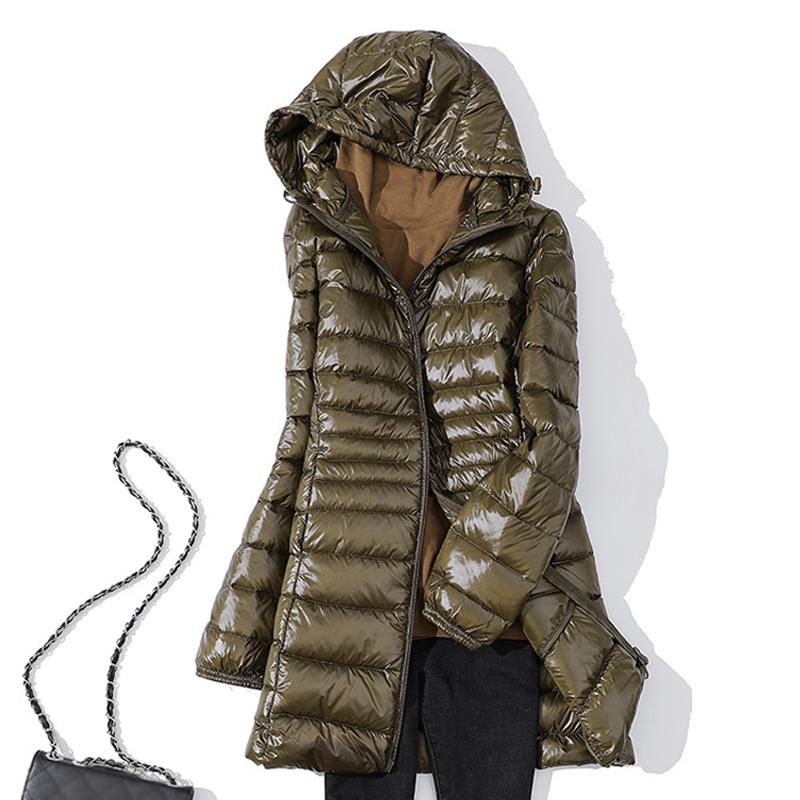 Женская ультралегкая белая куртка на утином пуху, женская осенне-зимняя теплая куртка, повседневная тонкая длинная куртка с капюшоном на утином пуху, женская верхняя одежда