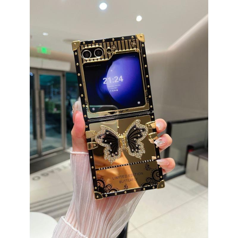 Samsung Z Flip6 Folding Screen Mobile Phone Case Suitable for ZFlip3 4 5 Mirror Butterfly Diamond Inlay Bracket Protection Case