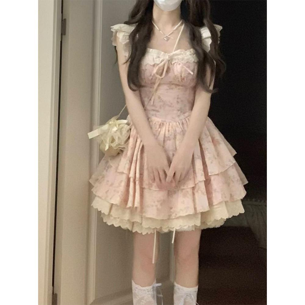 French Sweet Spice Girl Waist Princess Dress Small Summer Beautiful Princess Feifei Sleeve Cake Fluffy Short Dress