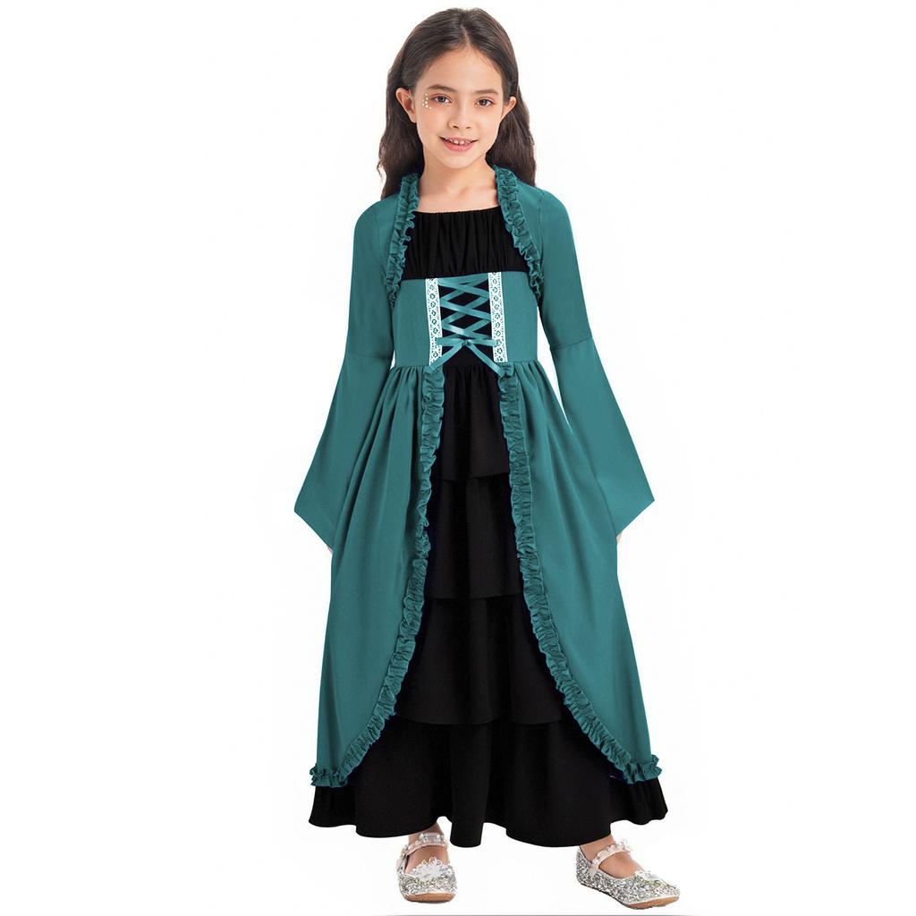 Girls Medieval Renaissance Long Dress Color Contrast Bell Sleeve Layered Ruffles Costume