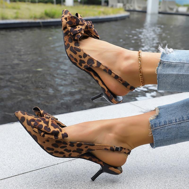 High Heel Sandals 2025 Summer New Fine High Heel Pointed Head Leopard Bow Back Hollow Sandals