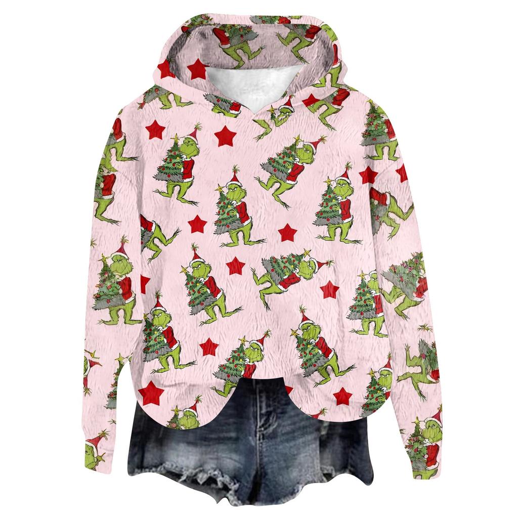 Women's Hooded Long Sleeve Christmas Printed Flannel Top Hooded Sweatshirt