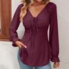 Women's Clothing Long Sleeve Girdle Drawstring Solid Color T-shirt V-neck