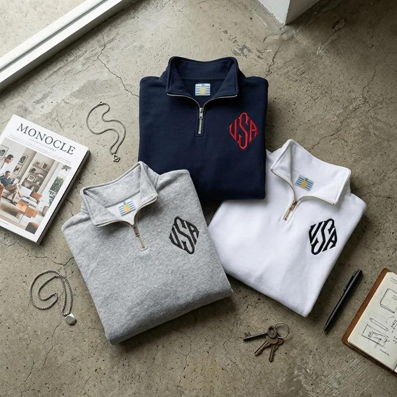 Унисекс Толстовка Y2K Темно-синяя с молнией на четверть Куртка с вышивкой Флага США Американский флаг Нашивка Мужская Женская Винтажная Уличная Мода