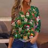 Women's Fashionable Casual Christmas Printed V-neck Three-quarter Sleeve Decorated Button Top