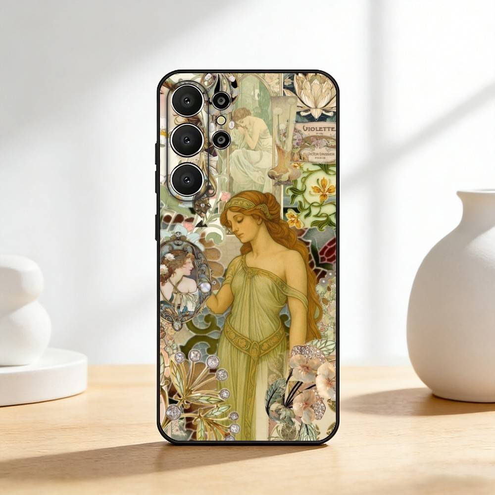 ART A-Альфонс М-Муха Чехол для телефона Samsung S26, S25, 24, 23, 22, 30, 21, 10, 9, Ultra, Plus, Lite, FE Мягкий черный чехол
